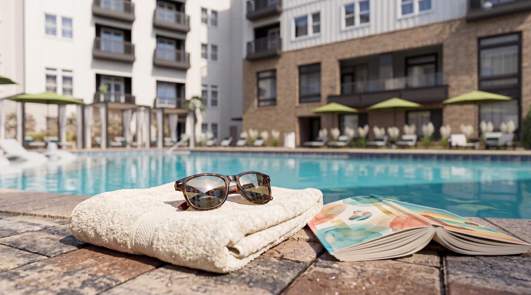 a pool with a book and glasses on a towel