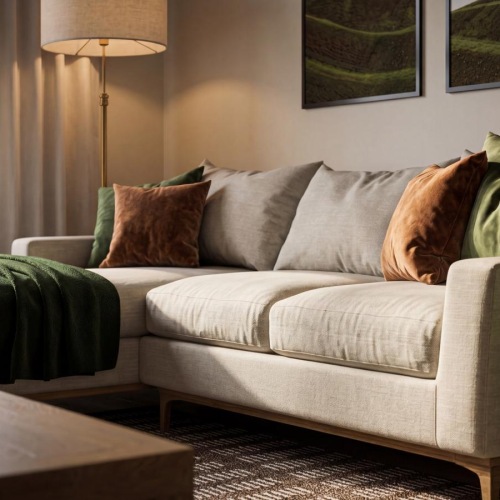 a couch with pillows and a lamp