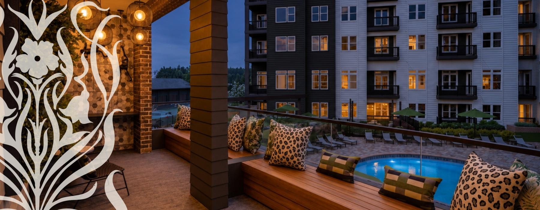 a patio with a wooden bench and a view of a pool