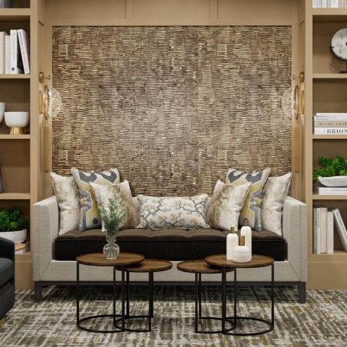 a lounge with a couch, table and chair
