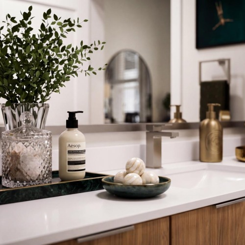 a counter with a plant and jars on it